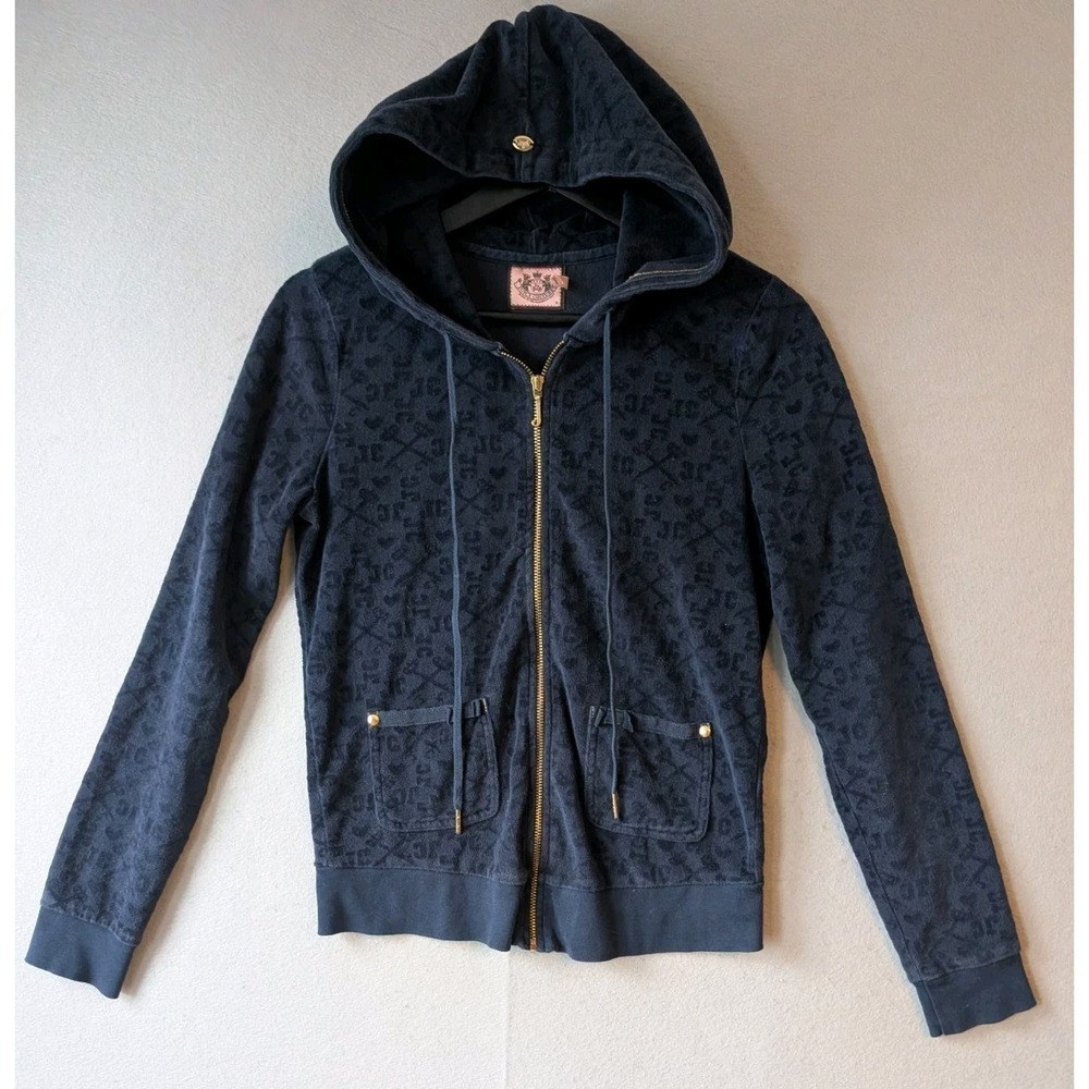Vtg Juicy Couture Women's Med Navy Blue Terry Cloth Zip Up Hoodie Monogram Print